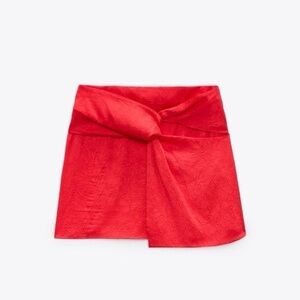 ZARA Knotted Asymmetrical Satin Effect Mini Skirt Coral Orange